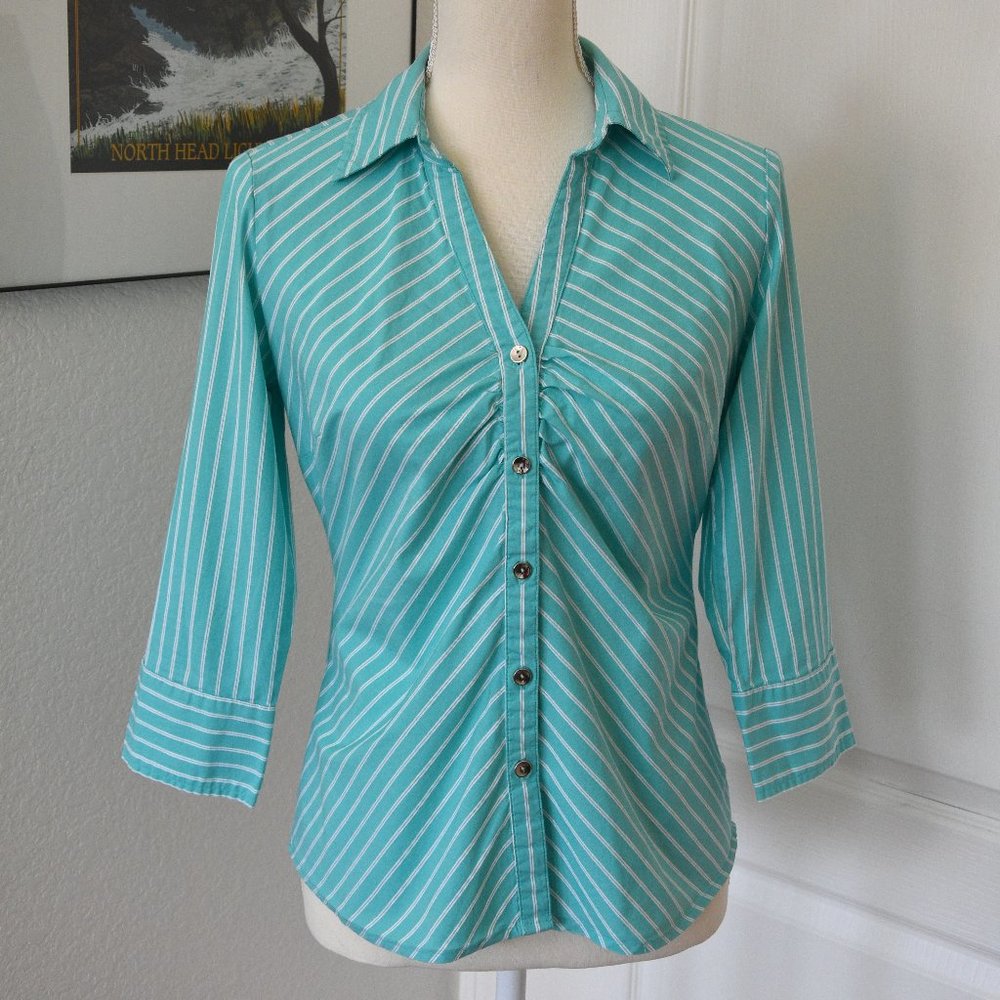 Covington Aqua Turquoise White Striped Blouse with Chrome Buttons Size S